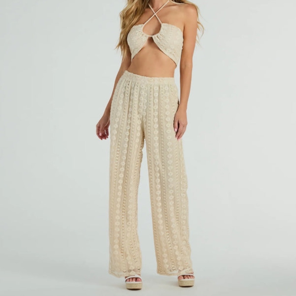 Windsor sunshine livin high waisted floral crochet pants and cropped top set
